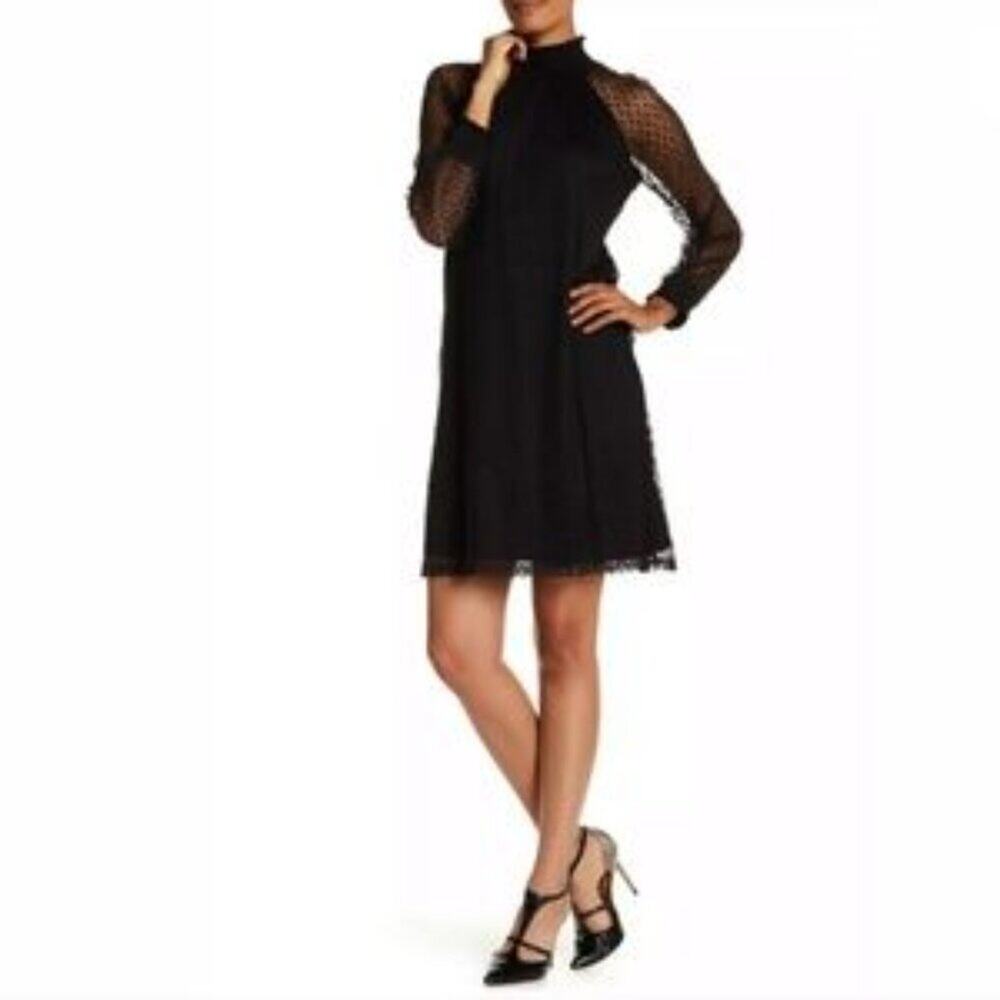 Nina Leonard Shirred Mock Neck Dot Dress Black Size Small